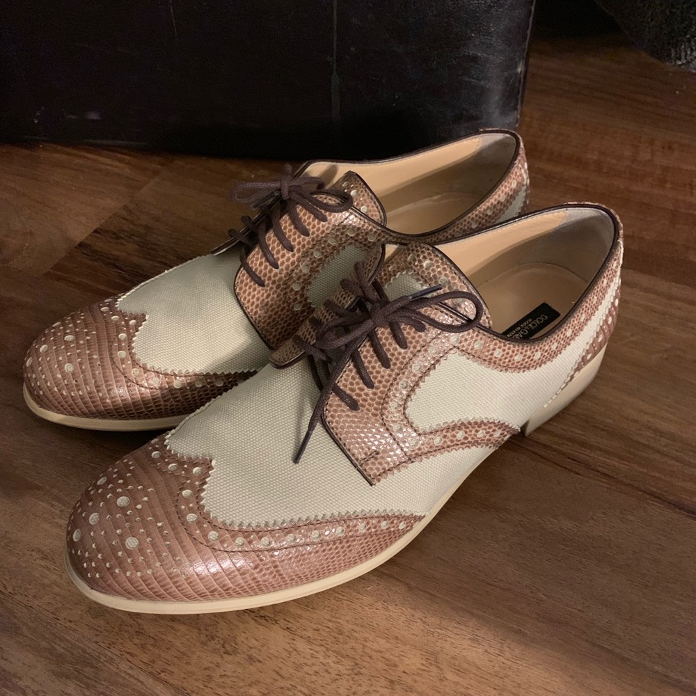 Dolce & Gabbana Cream and Metallic Rose Gold Wingtip Oxfords